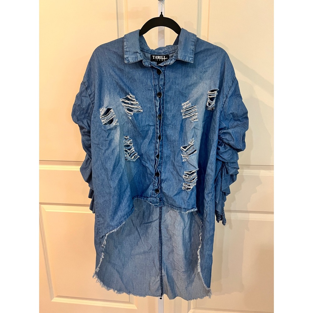 Thrill Jeans Womens Distressed High Low Denim Shirt Ruffle Sleeve Light Wash L
